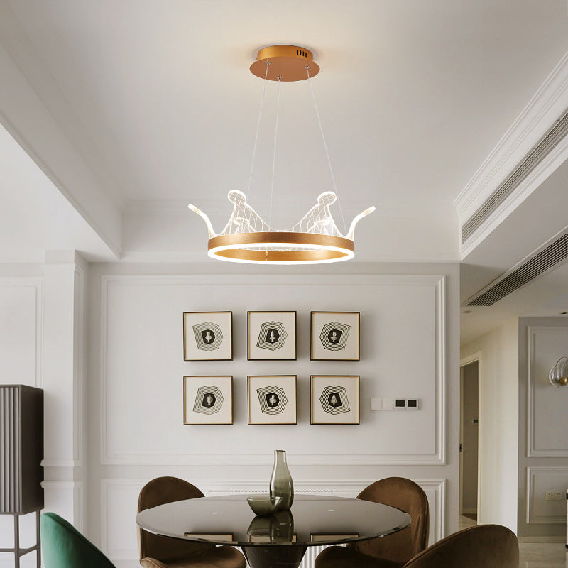 Minimalist LED Suspension Light Gold Crown Shaped Chandelier with Acrylic Diffuser