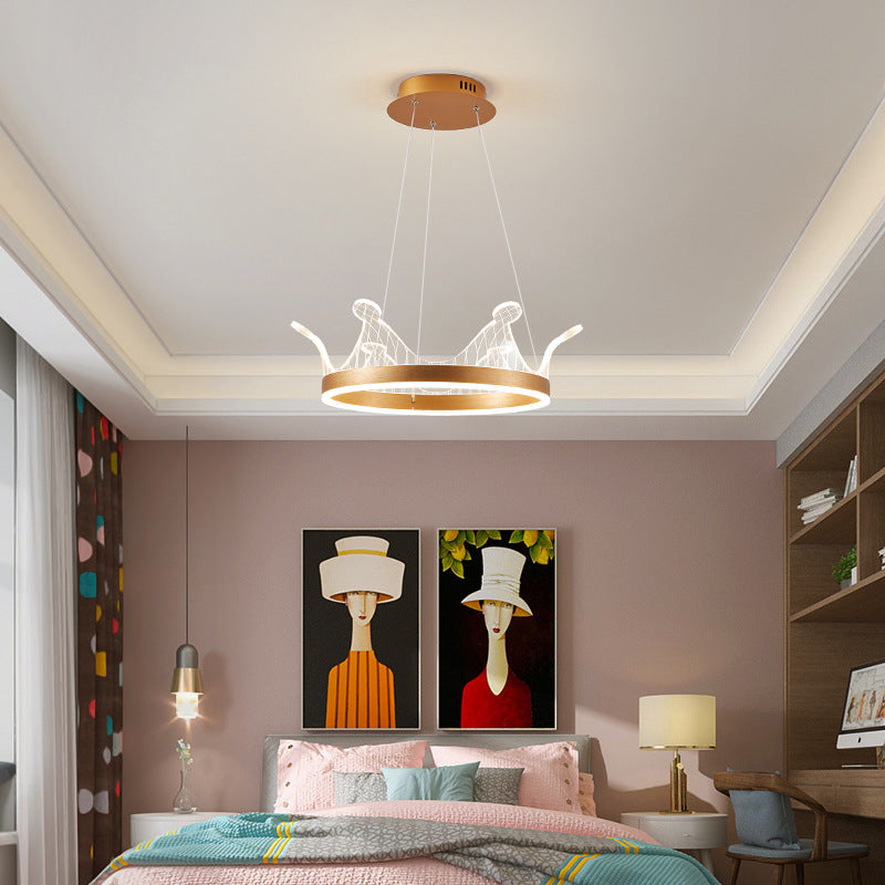 Minimalist LED Suspension Light Gold Crown Shaped Chandelier with Acrylic Diffuser