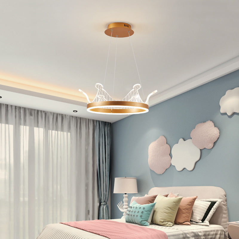 Minimalist LED Suspension Light Gold Crown Shaped Chandelier with Acrylic Diffuser