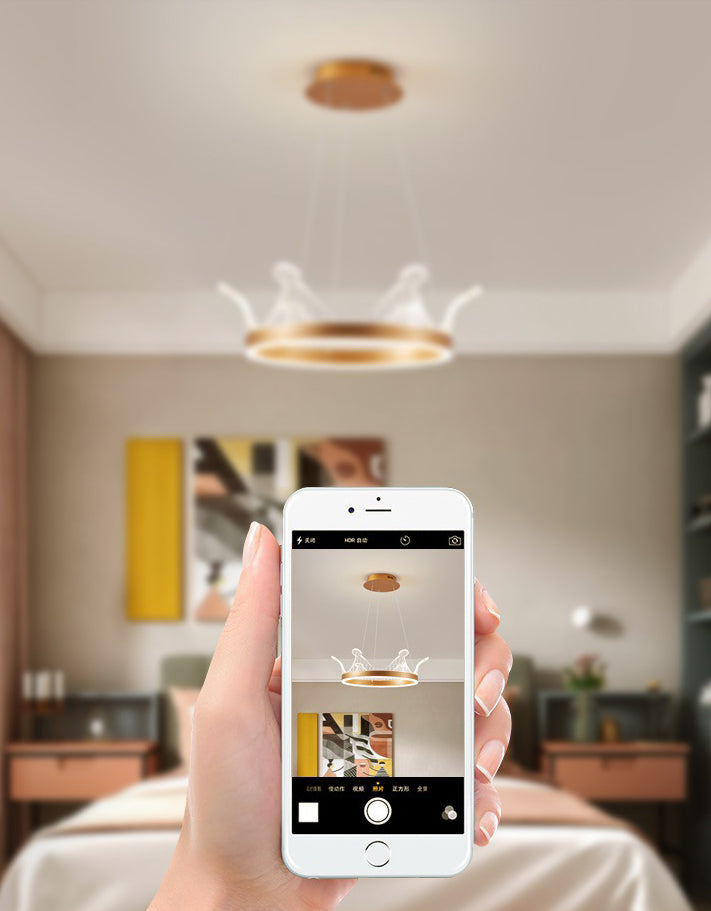 Minimalist LED Suspension Light Gold Crown Shaped Chandelier with Acrylic Diffuser