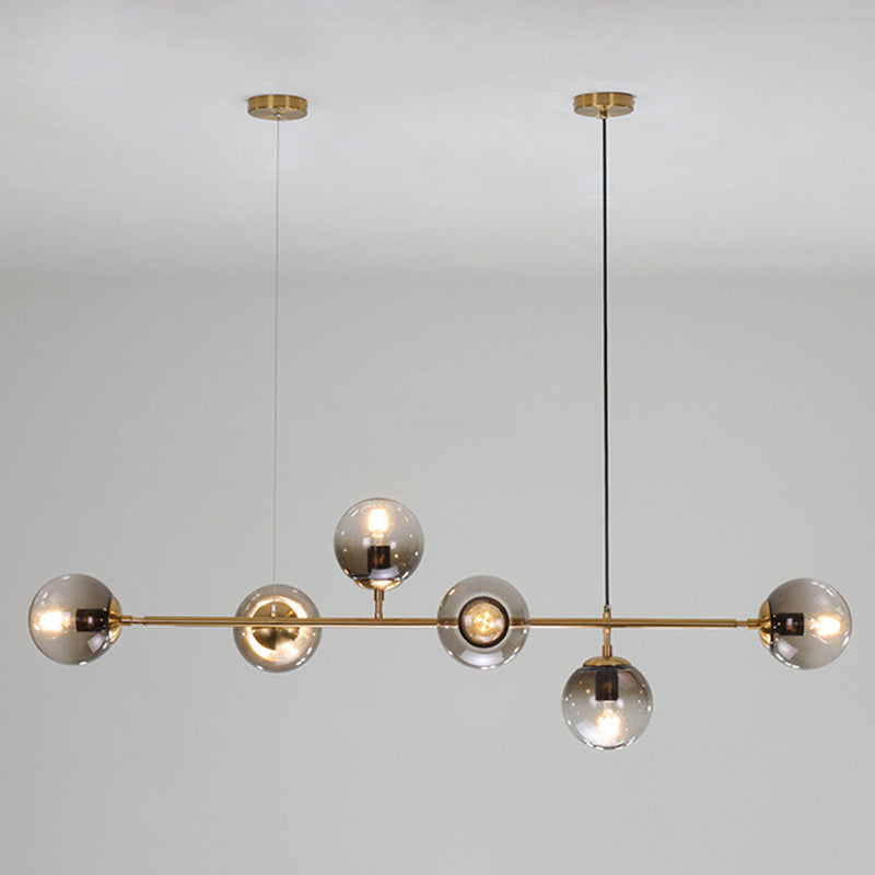 Smoke Grey Glass Globe Pendant Postmodern 6 Bulbs Gold Island Light Fixture for Dining Room
