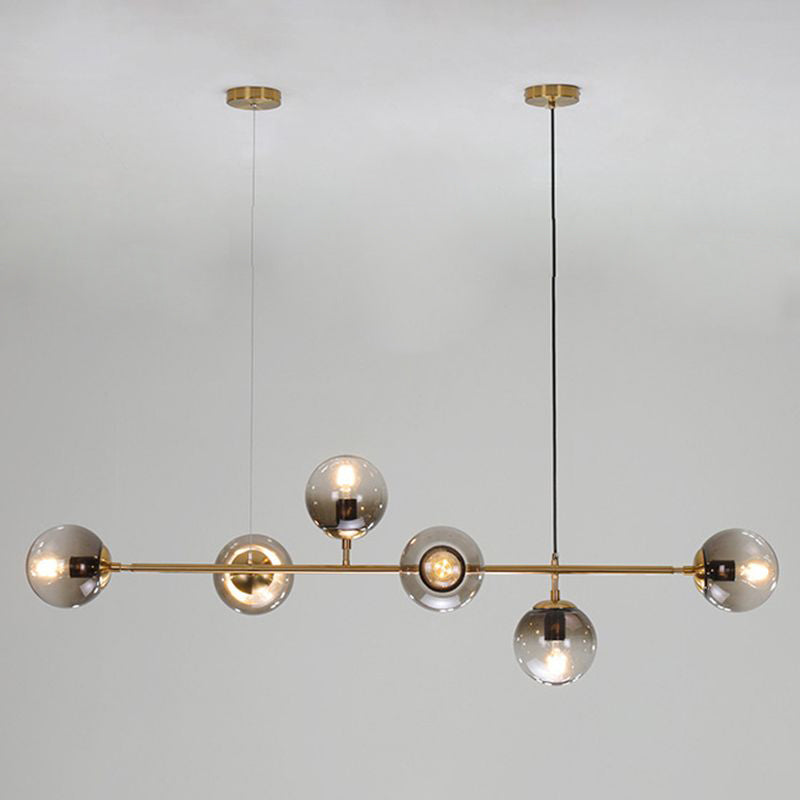 Smoke Grey Glass Globe Pendant Postmodern 6 Bulbs Gold Island Light Fixture for Dining Room