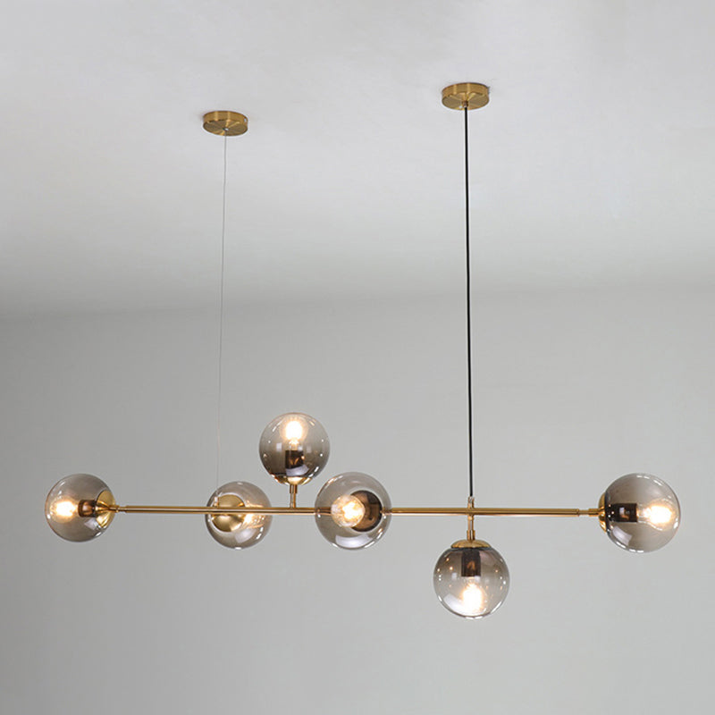 Smoke Grey Glass Globe Pendant Postmodern 6 Bulbs Gold Island Light Fixture for Dining Room