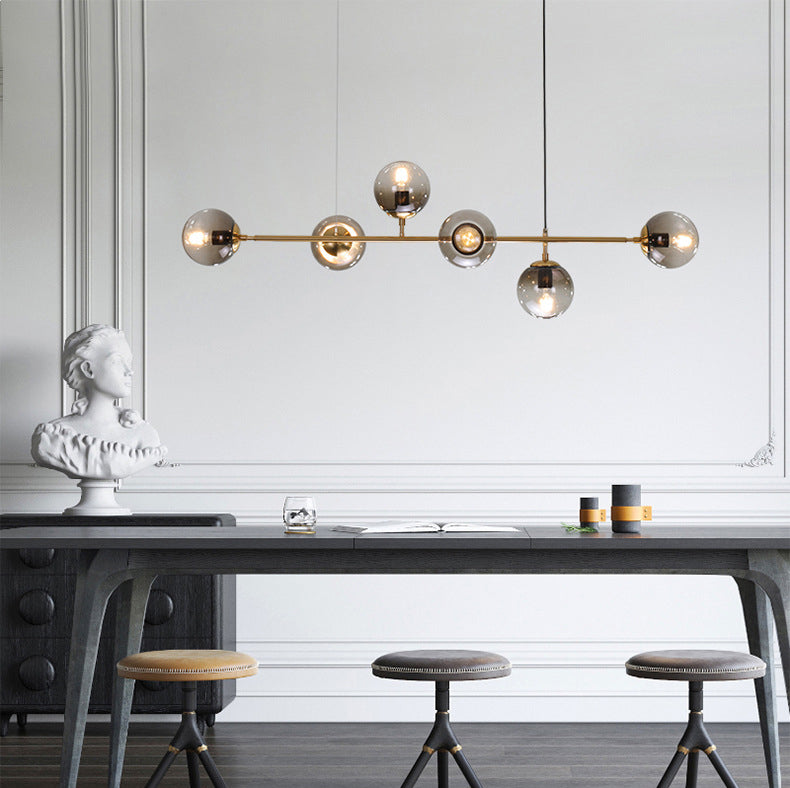 Smoke Grey Glass Globe Pendant Postmodern 6 Bulbs Gold Island Light Fixture for Dining Room