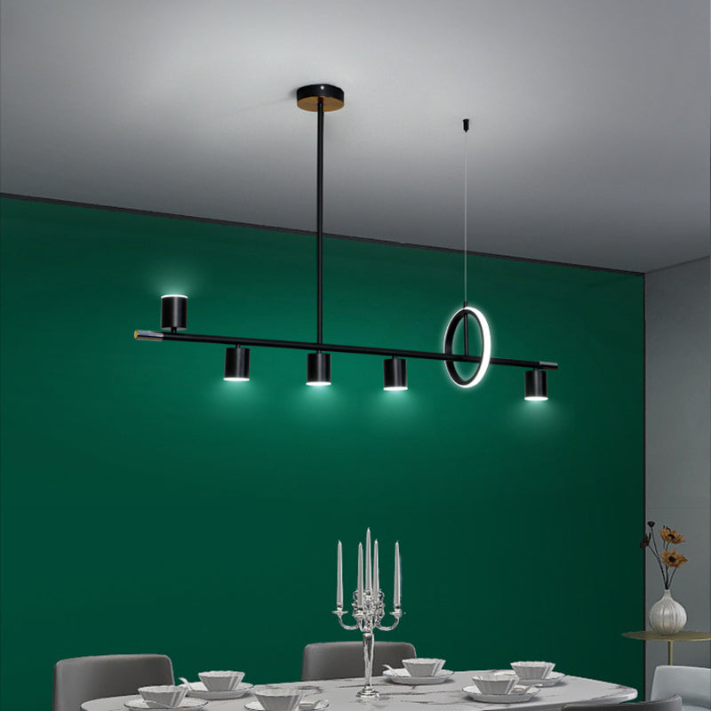 Cylinder and Ring Island Lamp Modern Metal 6-Light Restaurant Pendant Light in Black