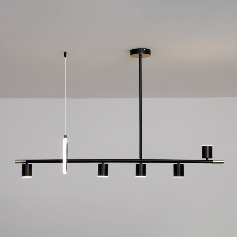 Cylinder and Ring Island Lamp Modern Metal 6-Light Restaurant Pendant Light in Black