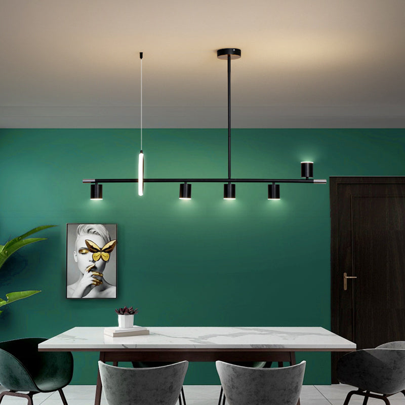 Cylinder and Ring Island Lamp Modern Metal 6-Light Restaurant Pendant Light in Black
