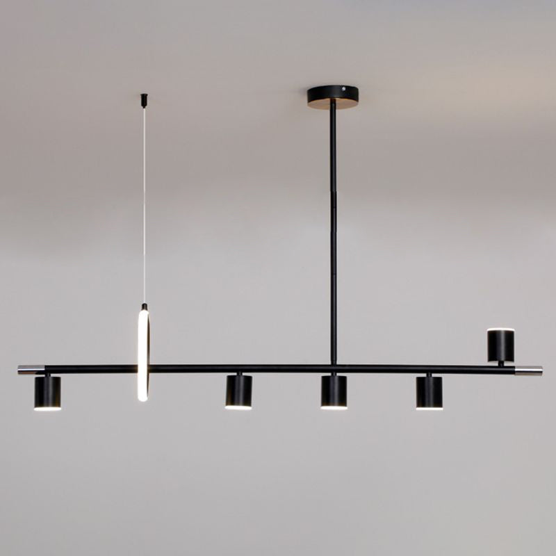 Cylinder and Ring Island Lamp Modern Metal 6-Light Restaurant Pendant Light in Black