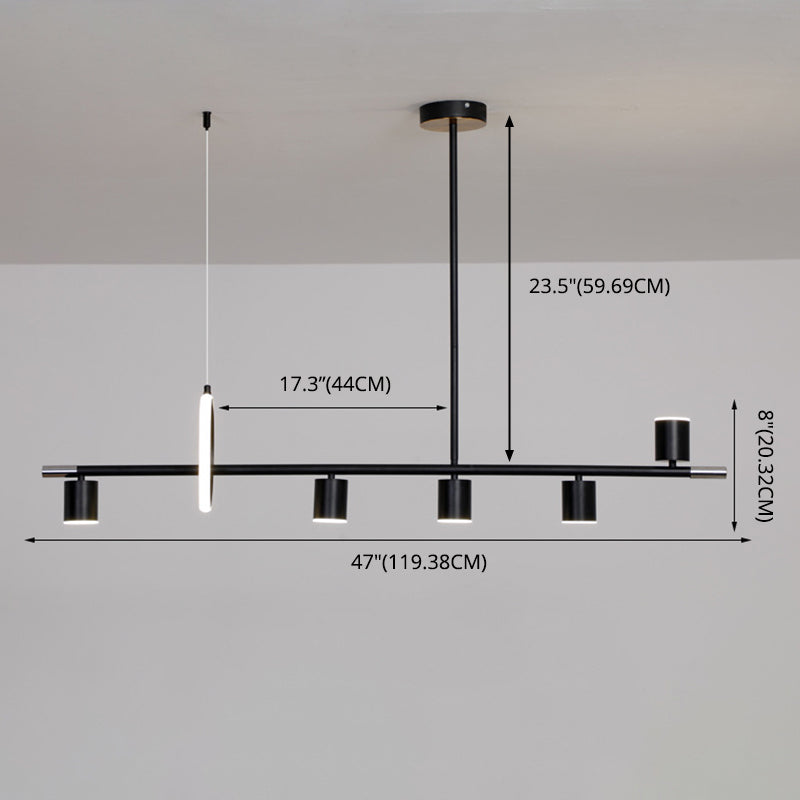 Cylinder and Ring Island Lamp Modern Metal 6-Light Restaurant Pendant Light in Black