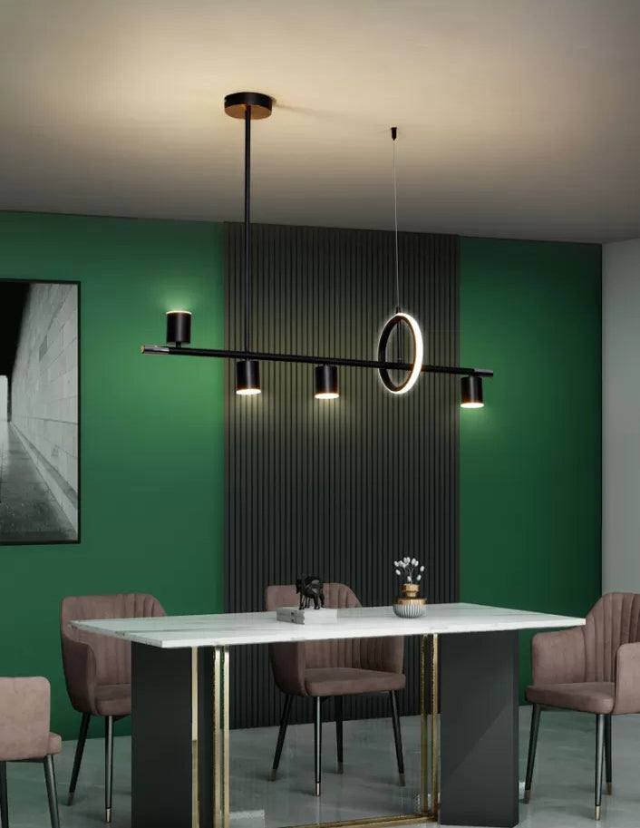 Cylinder and Ring Island Lamp Modern Metal 6-Light Restaurant Pendant Light in Black