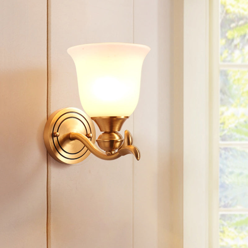 Brass Finish 1/2-Head Wall Lamp Modern Stylish White Glass Flared Shade Wall Sconce Fixture for Bedroom