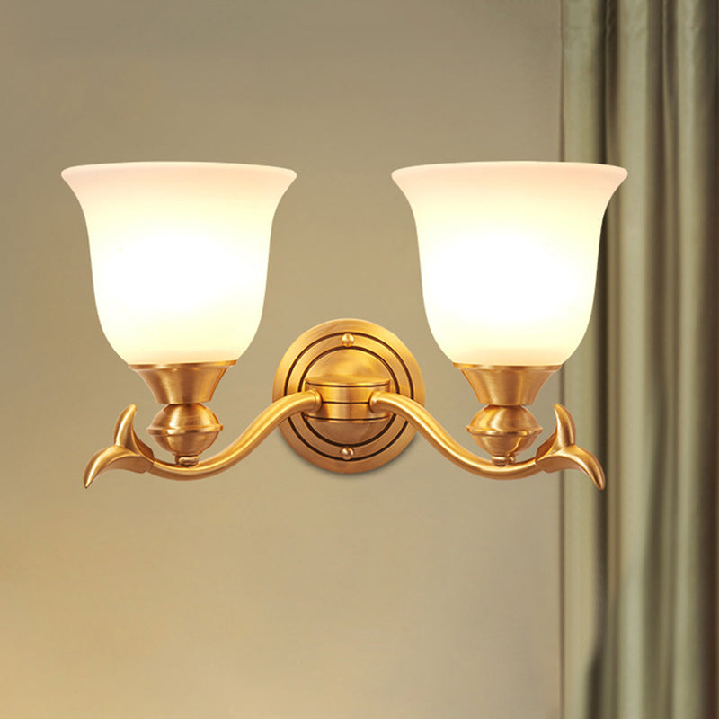 Brass Finish 1/2-Head Wall Lamp Modern Stylish White Glass Flared Shade Wall Sconce Fixture for Bedroom