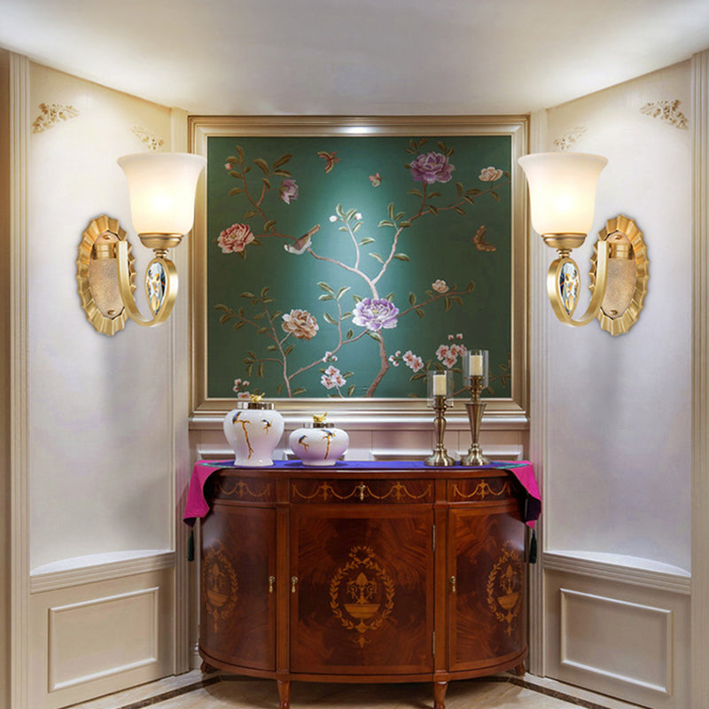 Modernism Bell Wall Mount Lamp 1/2-Light White Glass and Metal Wall Sconce in Brass for Foyer