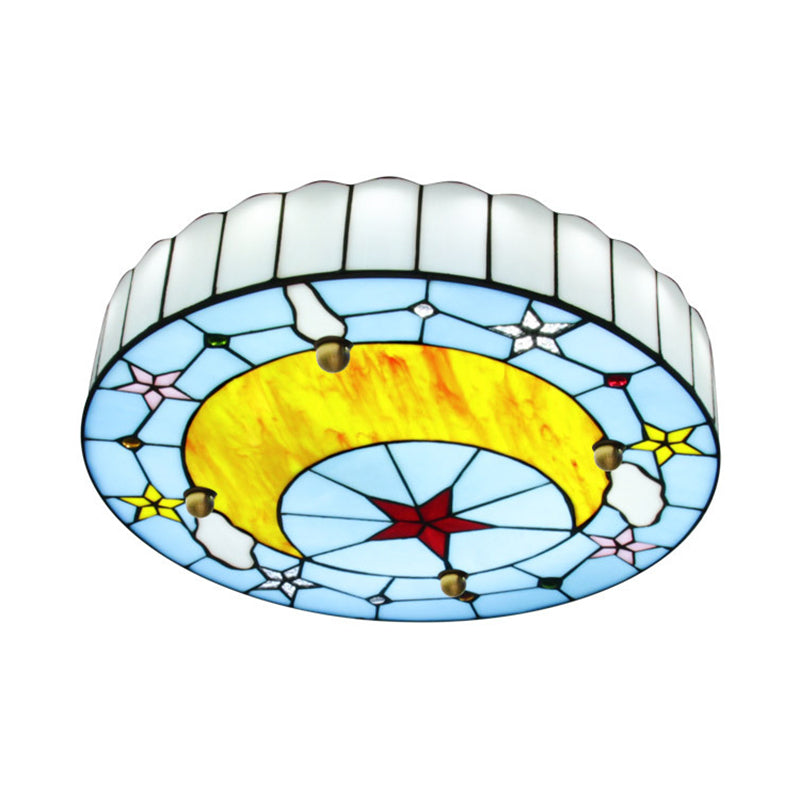 12"/16" W Moon Flush Ceiling Light Modern Tiffany Stained Glass Semi Flush Mount Light in Blue