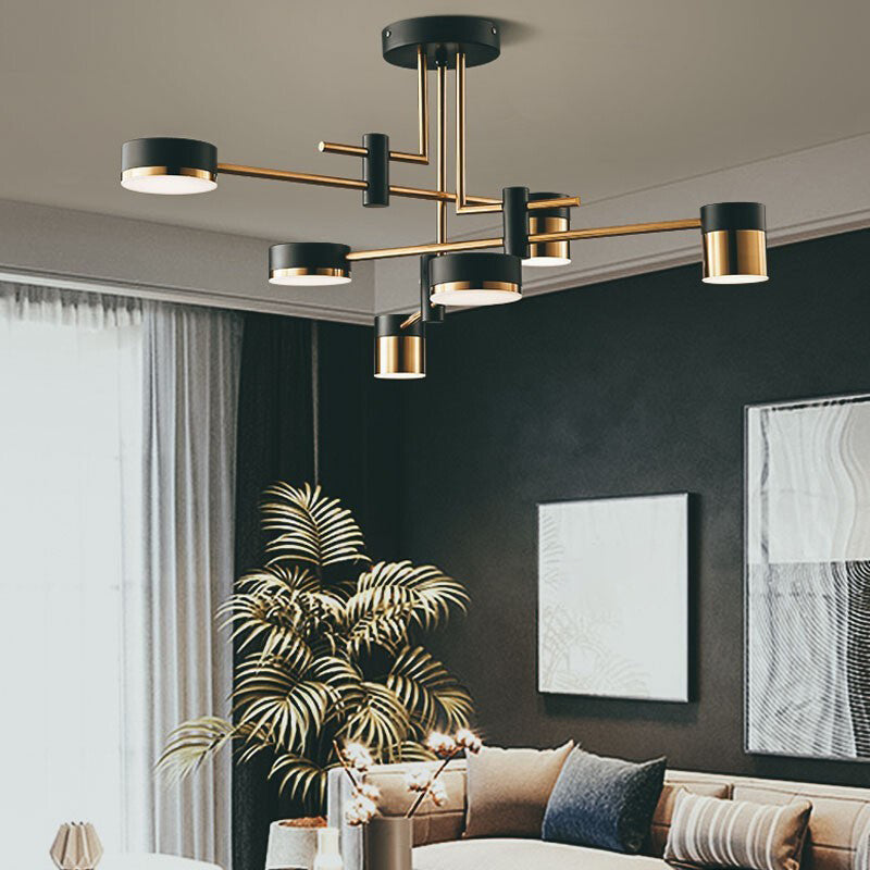 Modern Metal Radial Hanging Chandelier Light Drum Shade LED Suspension Light in Black for Living Room