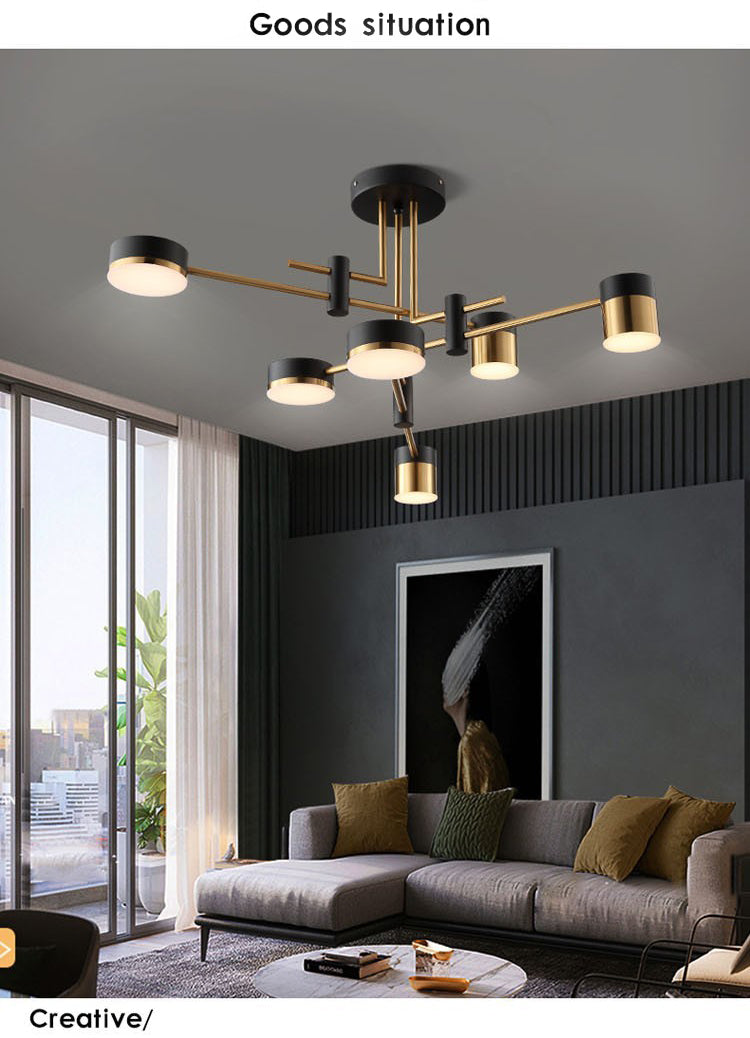 Modern Metal Radial Hanging Chandelier Light Drum Shade LED Suspension Light in Black for Living Room