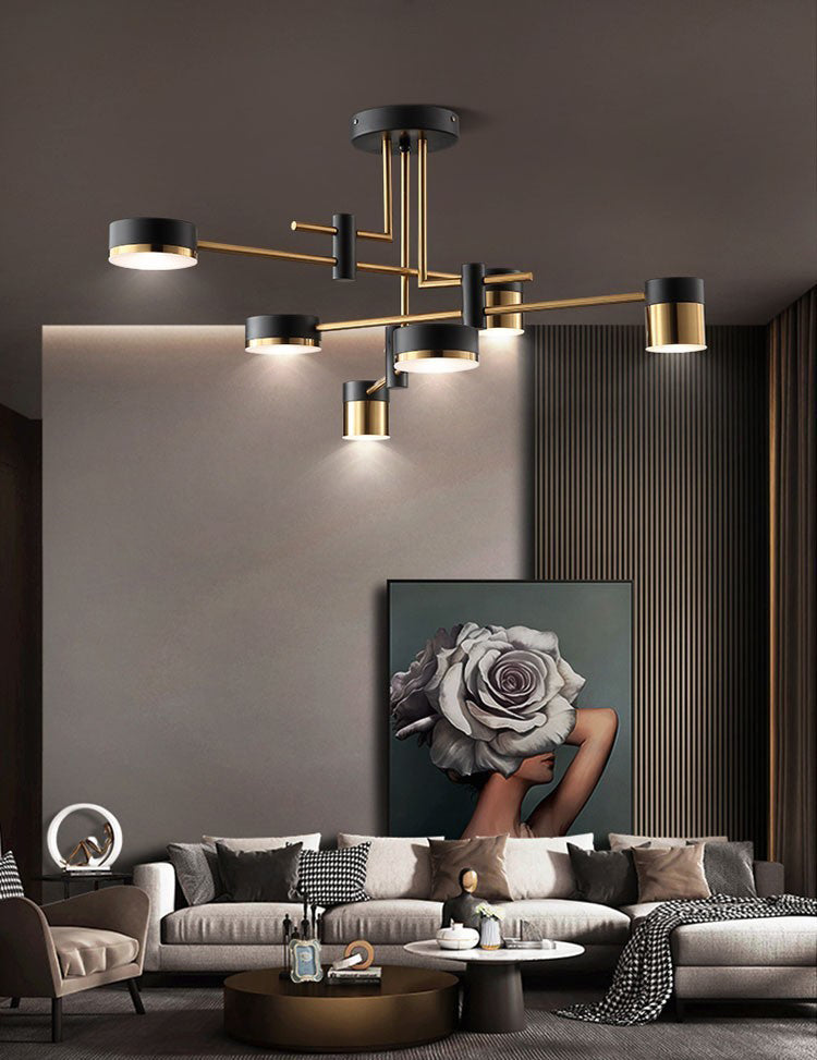 Modern Metal Radial Hanging Chandelier Light Drum Shade LED Suspension Light in Black for Living Room