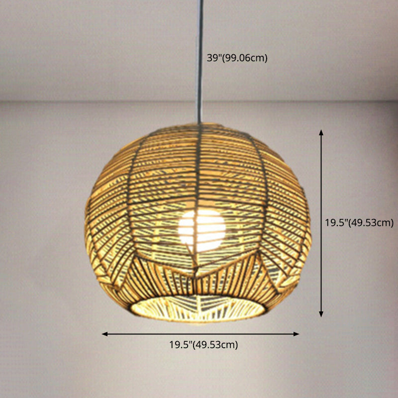 Spherical Shade Rattan Hanging Light Fixture Asian 1-Light Beige Pendulum Light