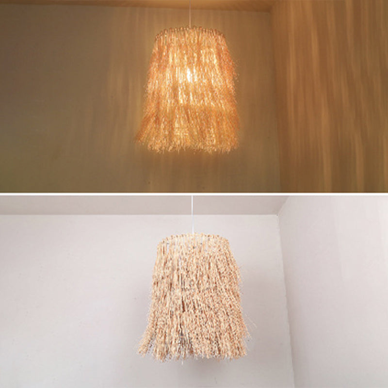 Tassel Pendant Lighting Asian Inspired Rattan 1 Bulb Dining Room Hanging Lamp in Beige