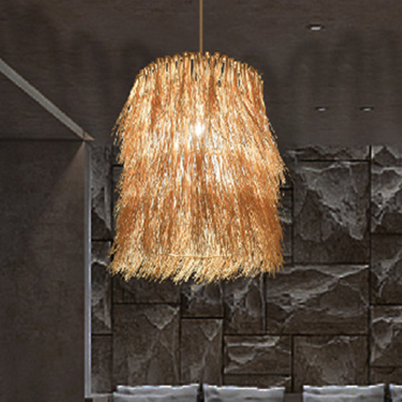 Tassel Pendant Lighting Asian Inspired Rattan 1 Bulb Dining Room Hanging Lamp in Beige