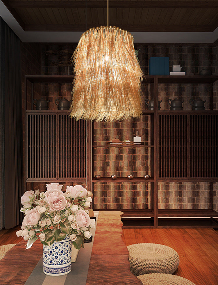 Tassel Pendant Lighting Asian Inspired Rattan 1 Bulb Dining Room Hanging Lamp in Beige