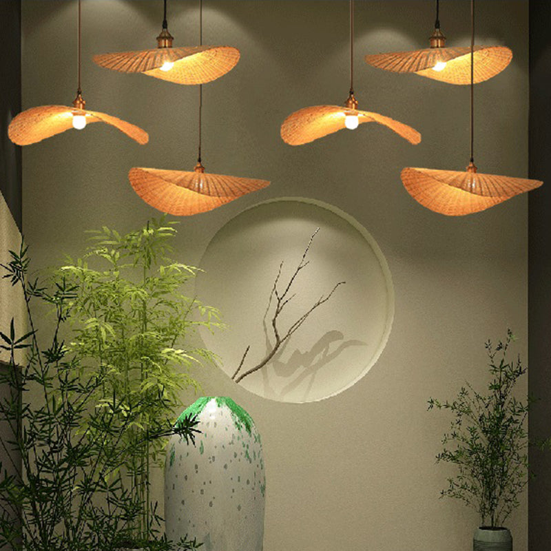 Japanese Style 1-Light Bamboo Hanging Light Fisherman's Hat Shaped Hand Weaving Pendant Lamp