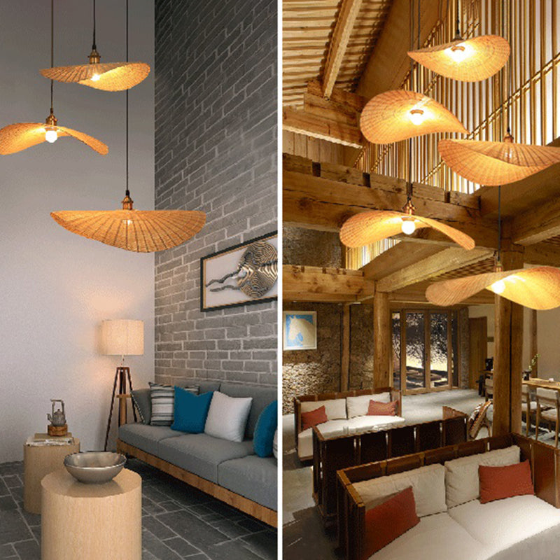 Japanese Style 1-Light Bamboo Hanging Light Fisherman's Hat Shaped Hand Weaving Pendant Lamp