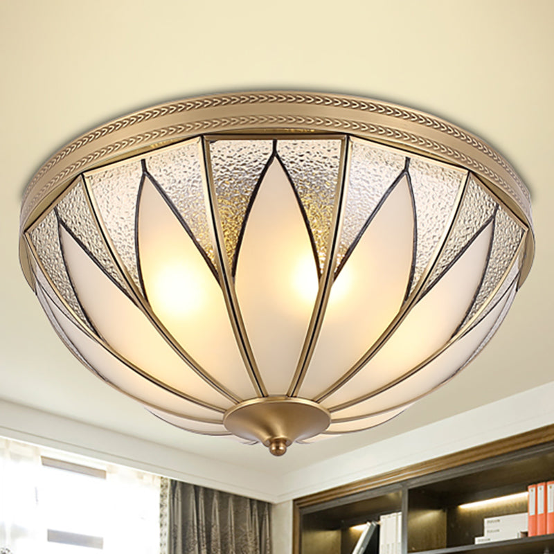 4 Lights Opal Glass Flush Mount Lighting Fixture Traditional Brass Inverted Living Room Close to Ceiling Light
