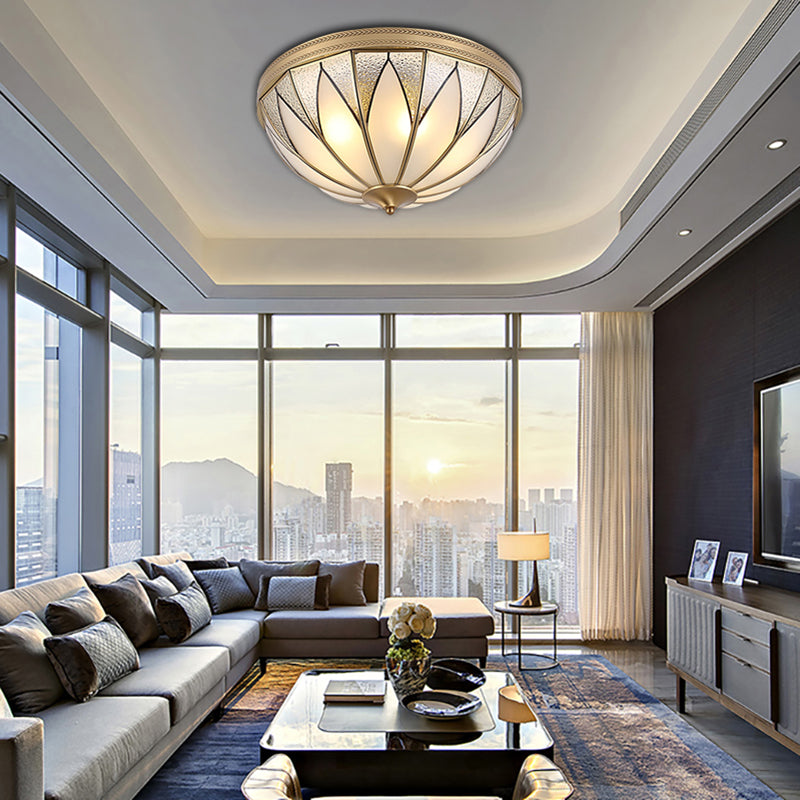 4 Lights Opal Glass Flush Mount Lighting Fixture Traditional Brass Inverted Living Room Close to Ceiling Light