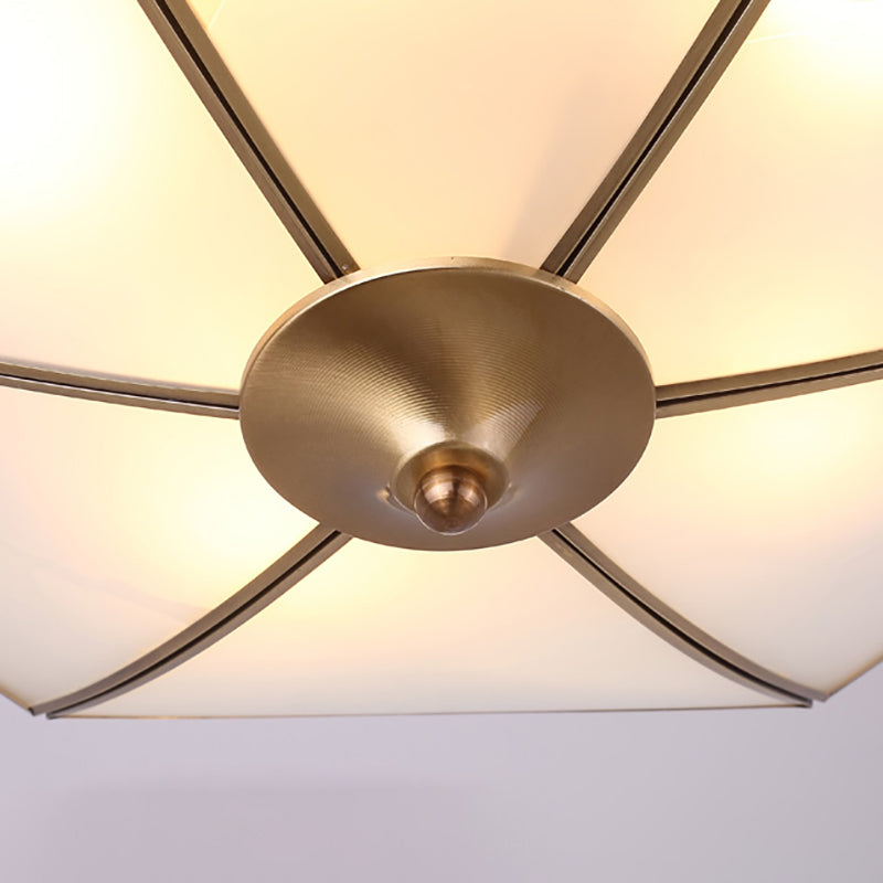 4 Lights Opal Glass Flush Mount Lighting Fixture Traditional Brass Inverted Living Room Close to Ceiling Light