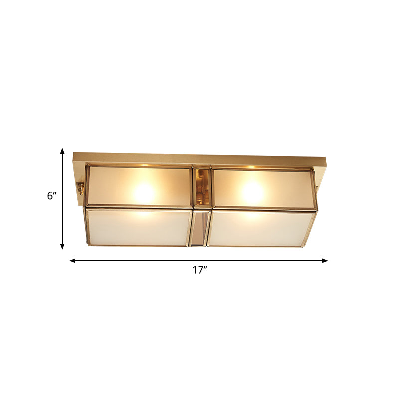 Brass Rectangle Flush Mount Fixture Classic Frosted Glass 4 Lights Living Room Flush Light