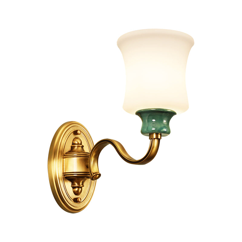 Metal Gold Finish Wall Sconce Bell 1/2-Bulb Vintage Style Wall Light Fixture with Milky Glass Shade