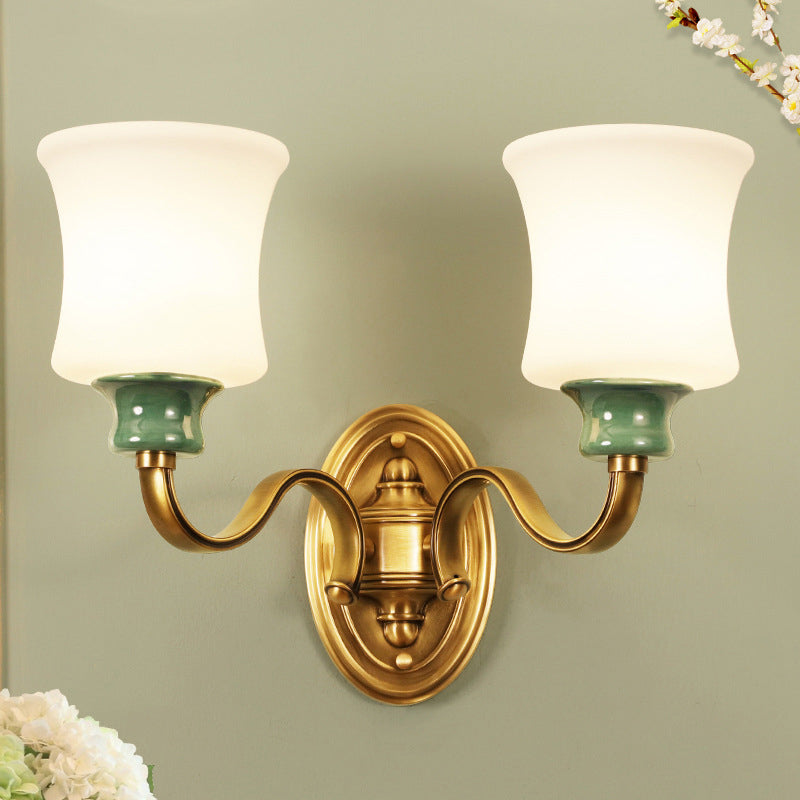Metal Gold Finish Wall Sconce Bell 1/2-Bulb Vintage Style Wall Light Fixture with Milky Glass Shade