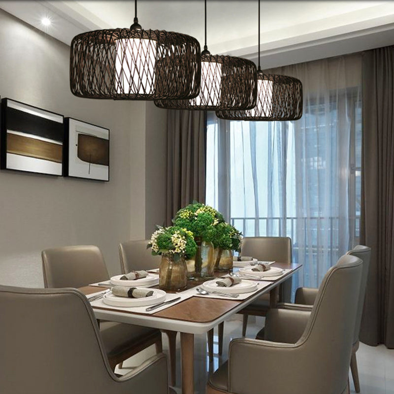 Cylinder Suspension Pendant Contemporary Bamboo 1 Bulb Black/Wood Hanging Light Kit, 16"/23.5" Wide