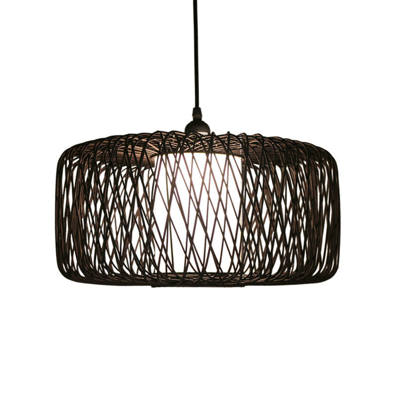 Cylinder Suspension Pendant Contemporary Bamboo 1 Bulb Black/Wood Hanging Light Kit, 16"/23.5" Wide