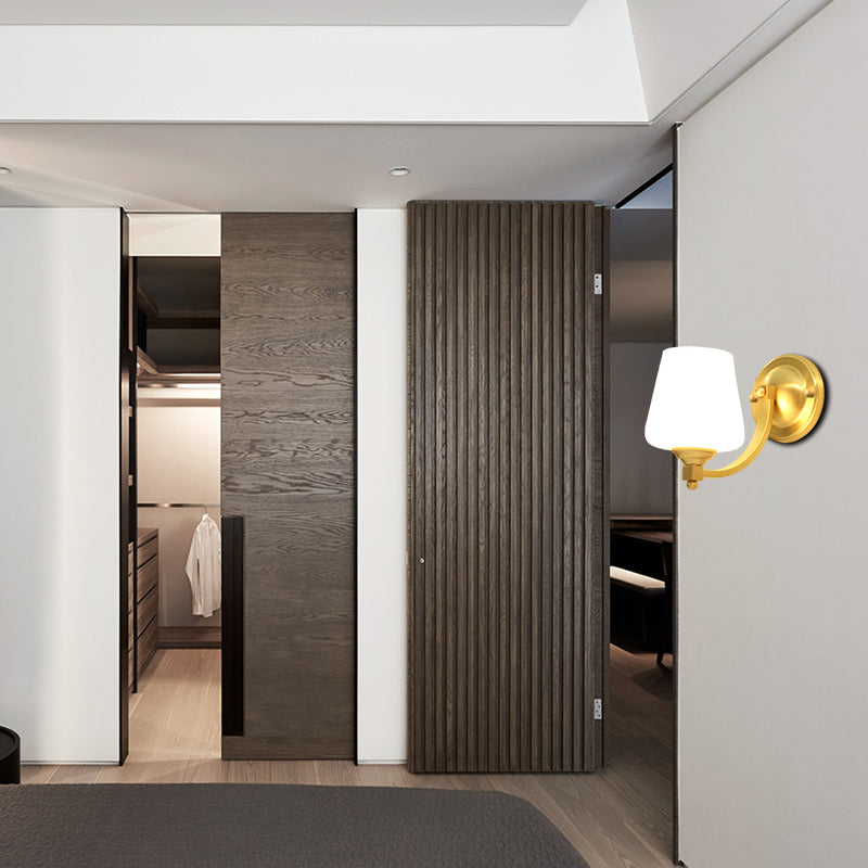 Gold 1/2-Bulb Wall Sconce Lamp Modern Style White Glass Cup Shaped Wall Lighting for Bedroom
