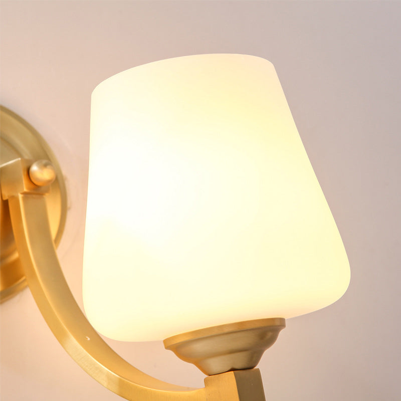 Gold 1/2-Bulb Wall Sconce Lamp Modern Style White Glass Cup Shaped Wall Lighting for Bedroom