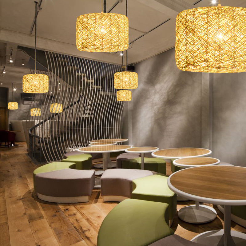 Trommelanhänger Beleuchtungstradition Rattan 1 Glühbirne 12 "/16"/18 "breit beige/blaue Decke hängende Licht