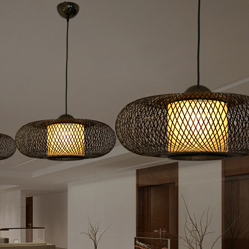 Bamboo Donut Ceiling Lamp Modern 1 Bulb Hanging Pendant Light in Black/Wood for Living Room