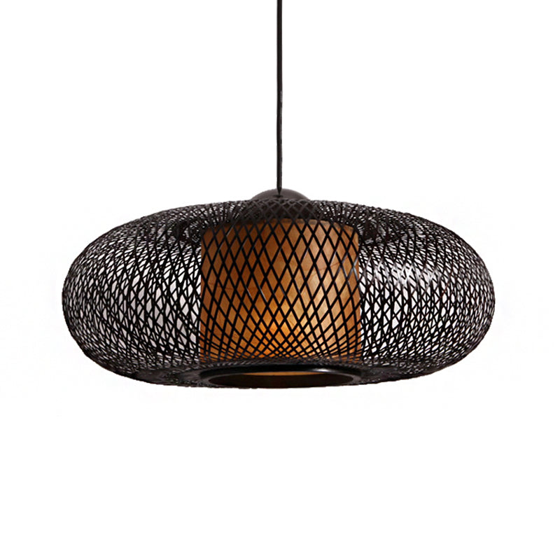Bamboo Donut Ceiling Lamp Modern 1 Bulb Hanging Pendant Light in Black/Wood for Living Room