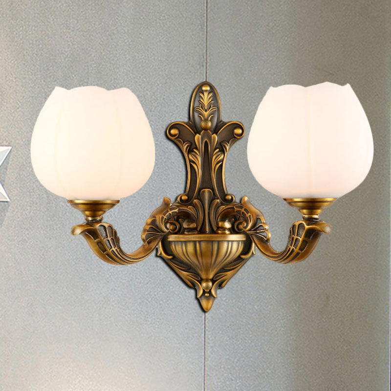 1/2-Light Bowl Shade Wall Sconce Vintage Stylish Antique Brass Metal Wall Light with Milky Glass Shade