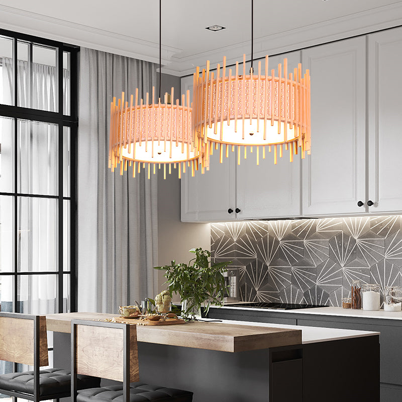 Colgante de suspensión cilíndrica madera retro 1 bulbo beige kit de luz colgante con sombra de PVC blanca interna