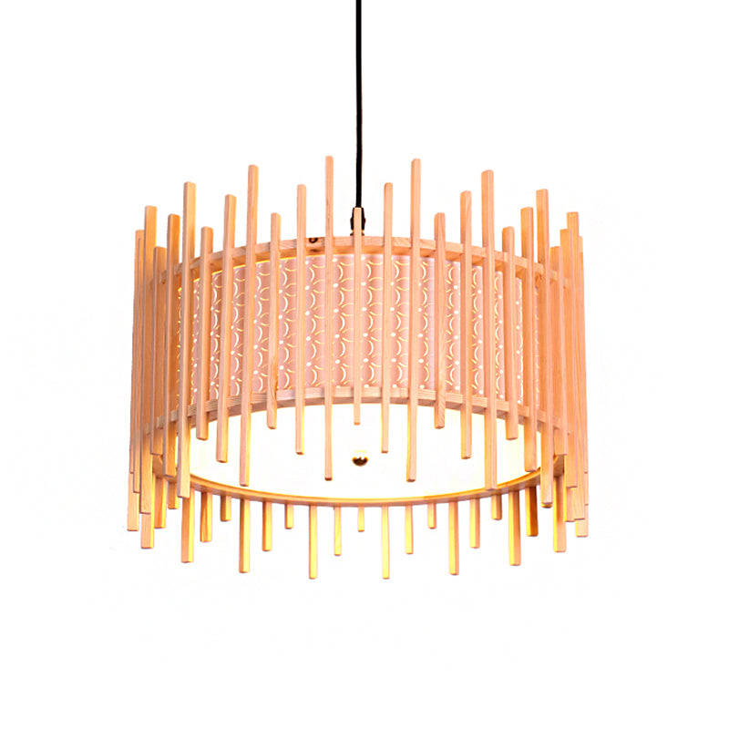 Colgante de suspensión cilíndrica madera retro 1 bulbo beige kit de luz colgante con sombra de PVC blanca interna