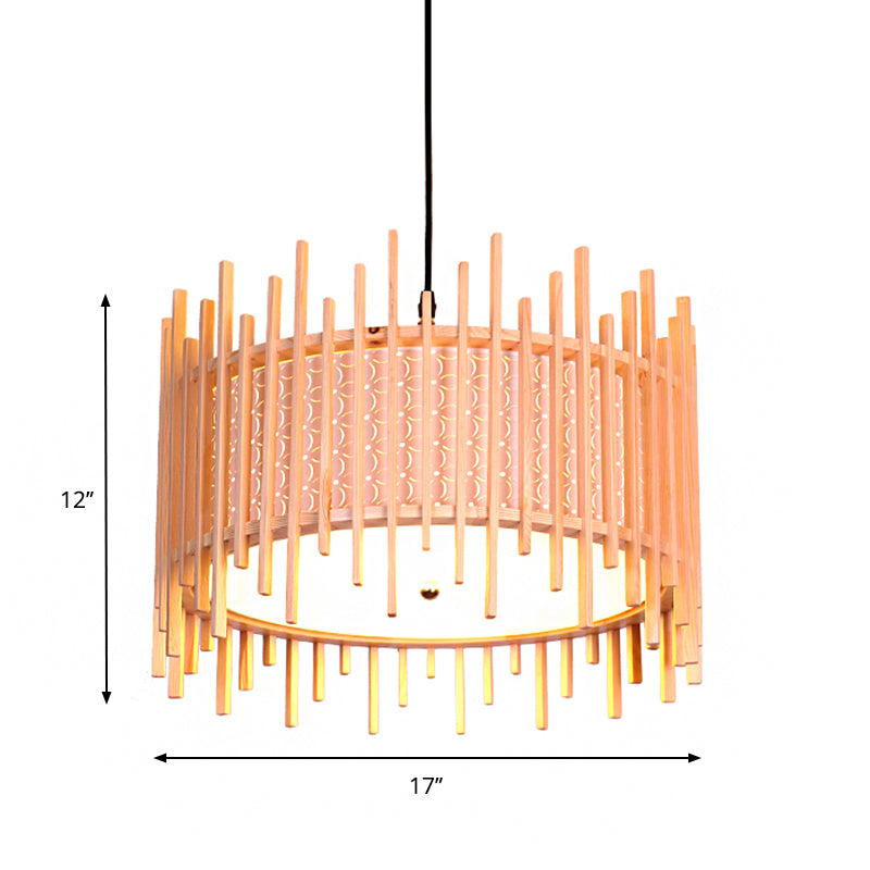 Colgante de suspensión cilíndrica madera retro 1 bulbo beige kit de luz colgante con sombra de PVC blanca interna