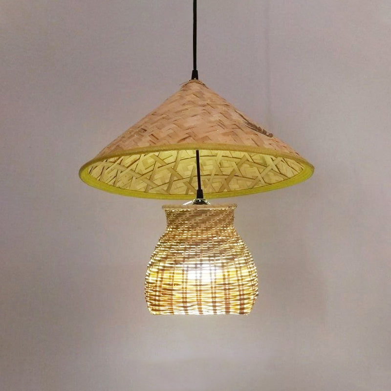 Bamboo Cone Suspension Pendant Traditional 1 Head Wood Hanging Ceiling Light with Basket