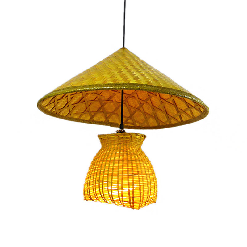 Bamboo Cone Suspension Pendant Traditional 1 Head Wood Hanging Ceiling Light with Basket