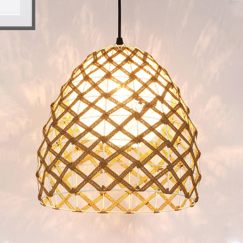 1 Bulb Tearoom Ceiling Light Asian Wood Pendant Light Fixture with Oval/Semicircle/House Bamboo Shade
