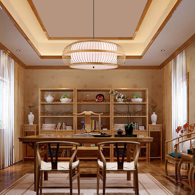 Abgerundeter Trommelsperrungsanhänger zeitgenössischer Bambus 1 Glühbirnenholz Hanging Light Kit, 18 "/21,5"/23,5 "breit