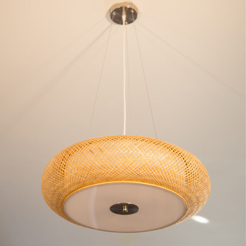 12"/16"/19.5" Wide Donut Ceiling Lamp Retro Bamboo 3 Bulbs Wood Hanging Light Fixture