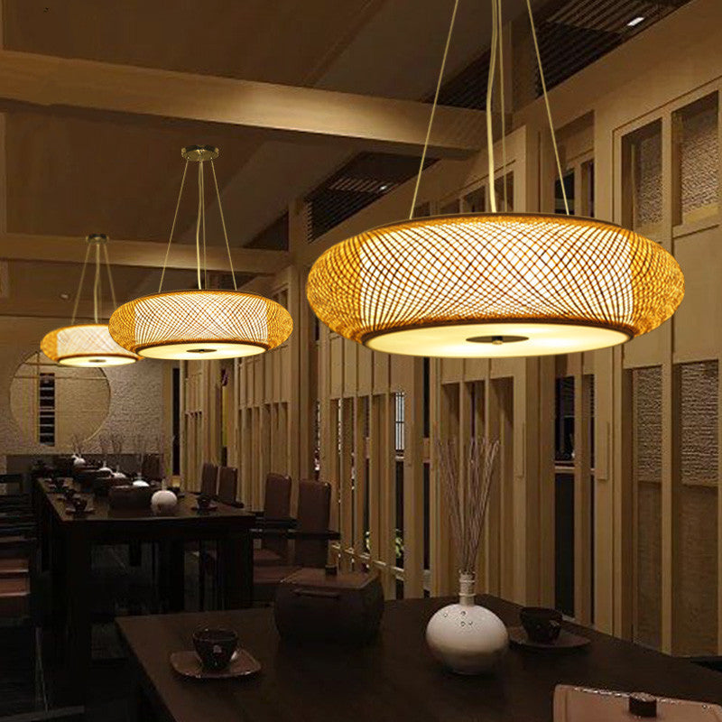 12"/16"/19.5" Wide Donut Ceiling Lamp Retro Bamboo 3 Bulbs Wood Hanging Light Fixture